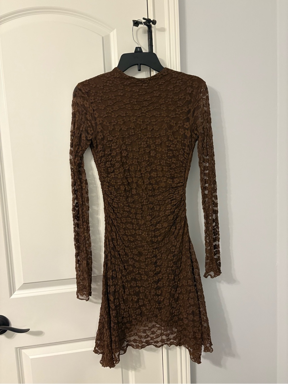 Brown Lace Long-Sleeve Mini Dress